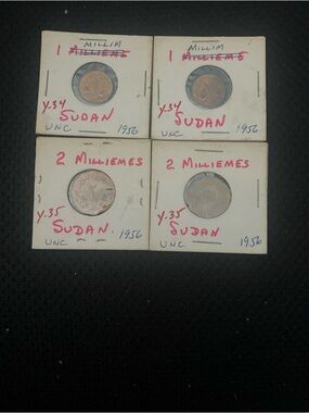 Lot of 4 Sudan 1956 Coins - (2) 1 Millim and (2) 2 Milliemes (MM00286)
